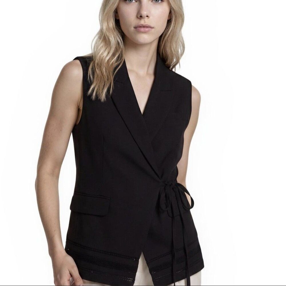WHBM Blazer 0 Black Sleeveless Tie Front Studio Vest Linen Blend Career Capsule